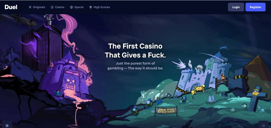 Главная страница Duel Casino с надписью "The First Casino. That Gives a Fuck."